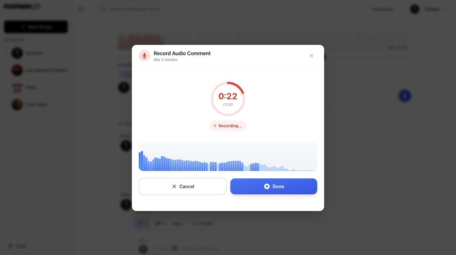 Feedtracks screenshot showing audio record interface