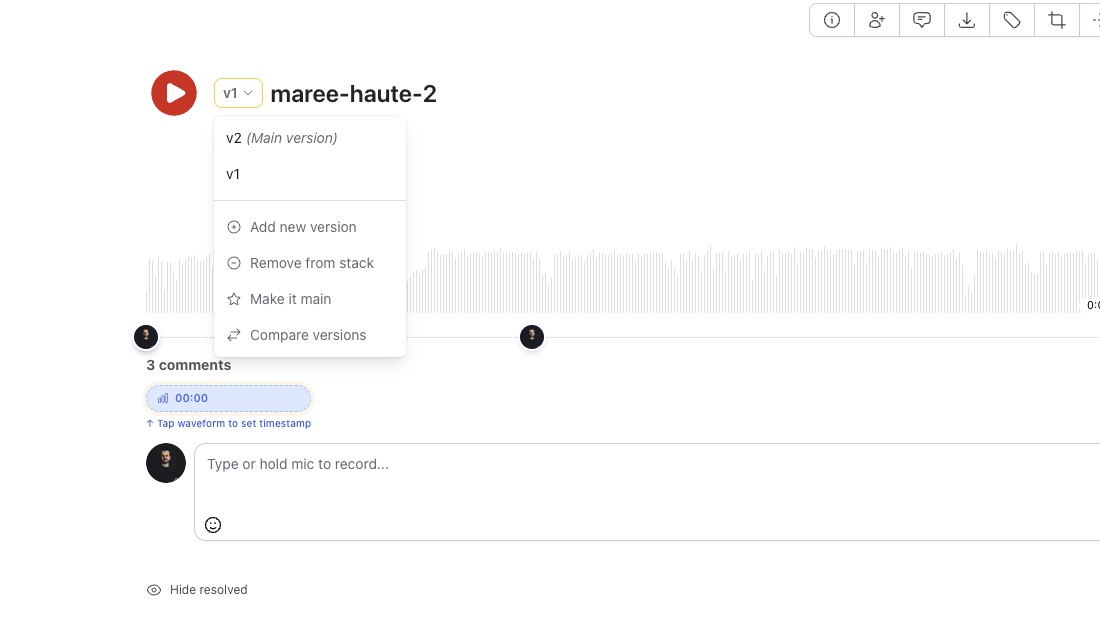 Feedtracks screenshot showing track versioning interface