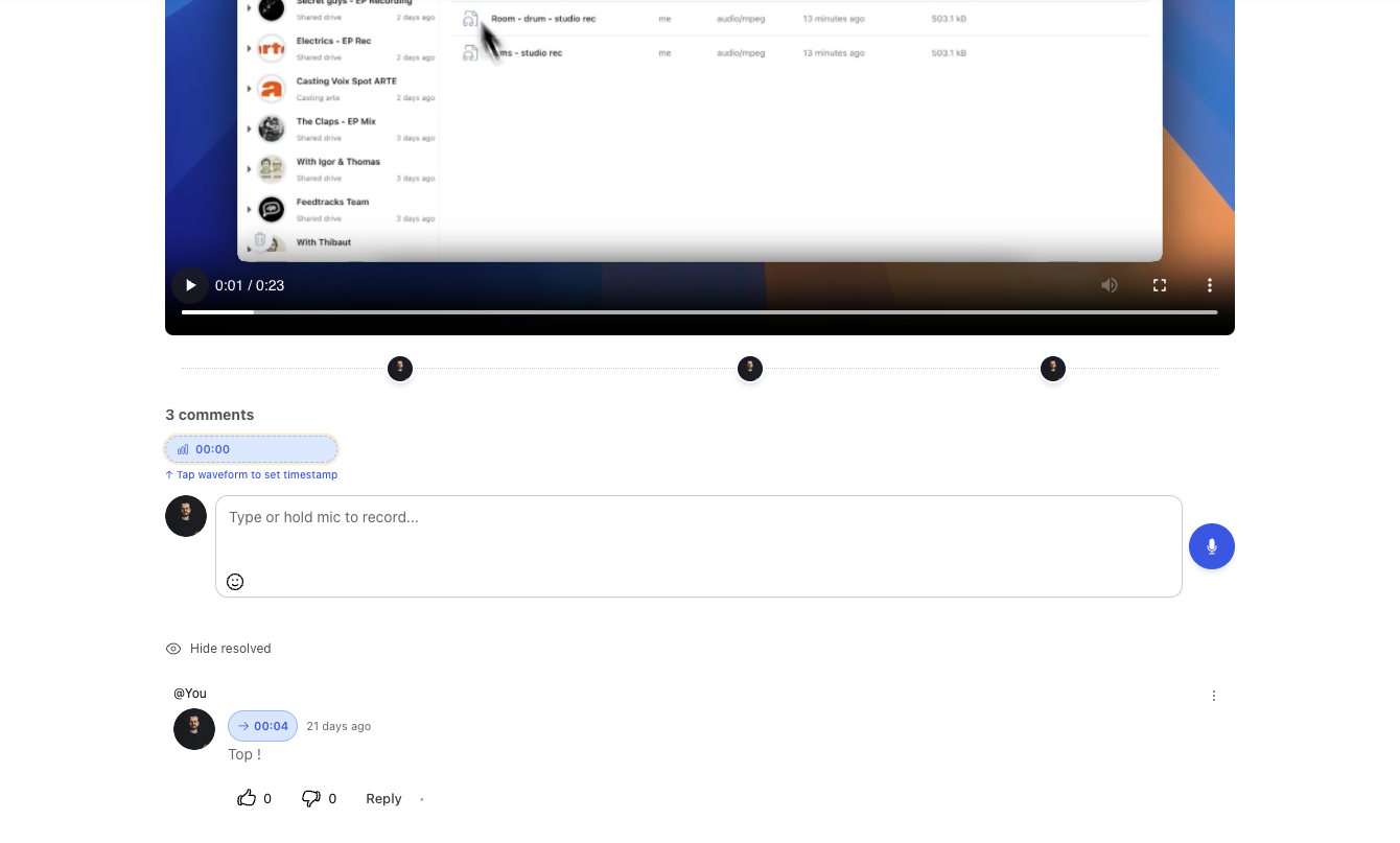 Feedtracks screenshot showing video comment interface