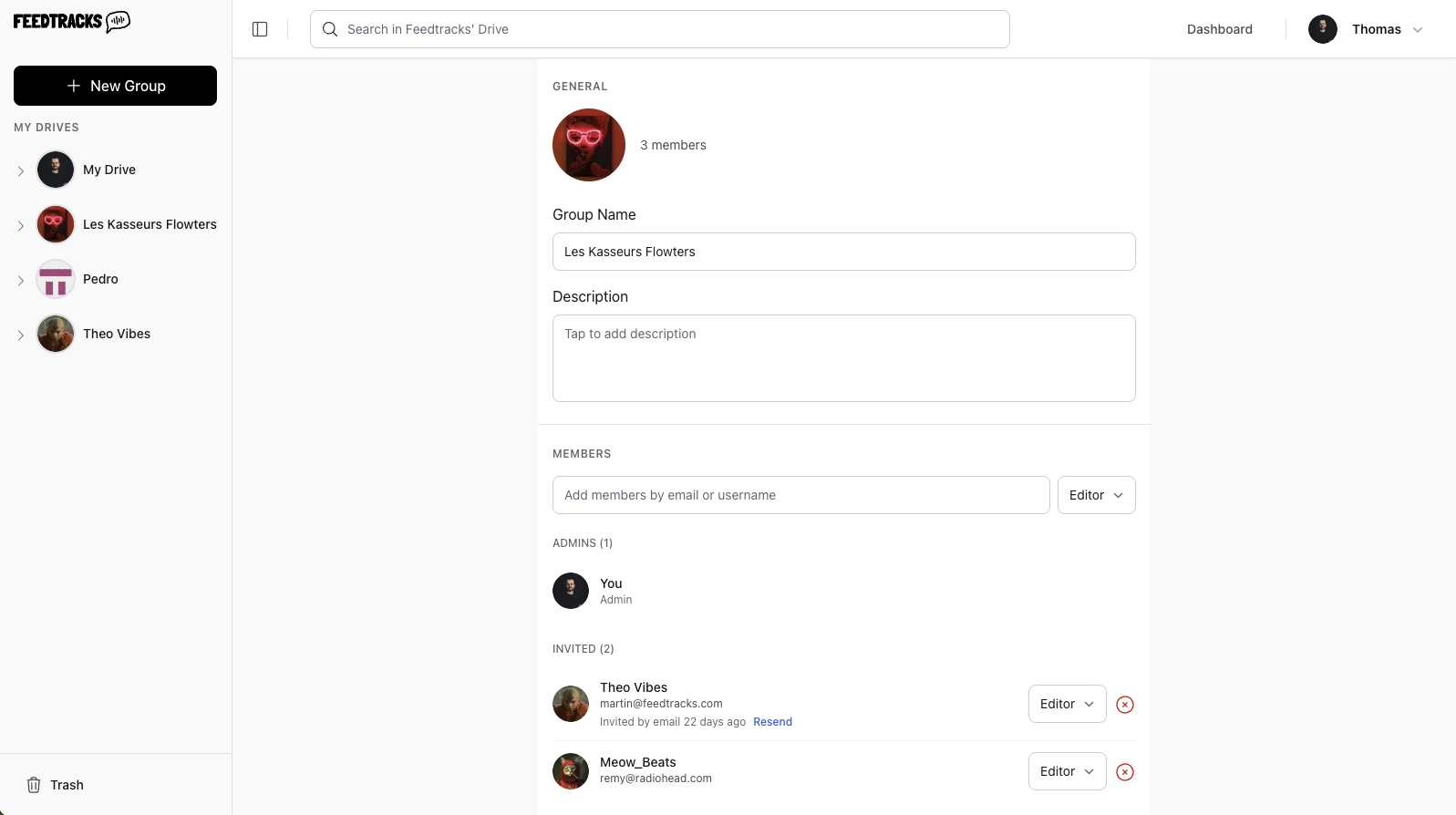 Feedtracks screenshot showing workspace management interface
