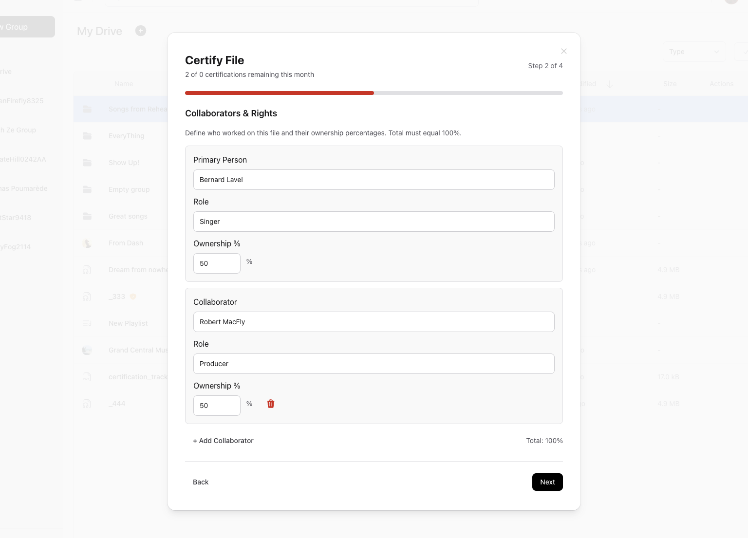 Collaborator percentage split interface