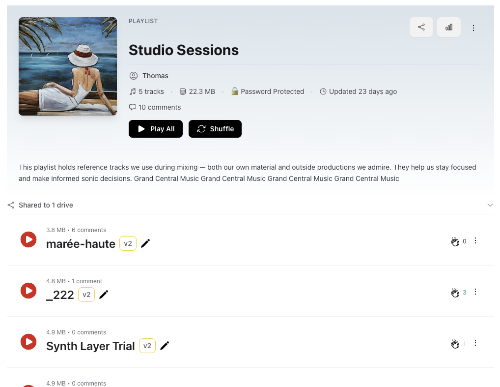 Playlist review interface with voting and comments
