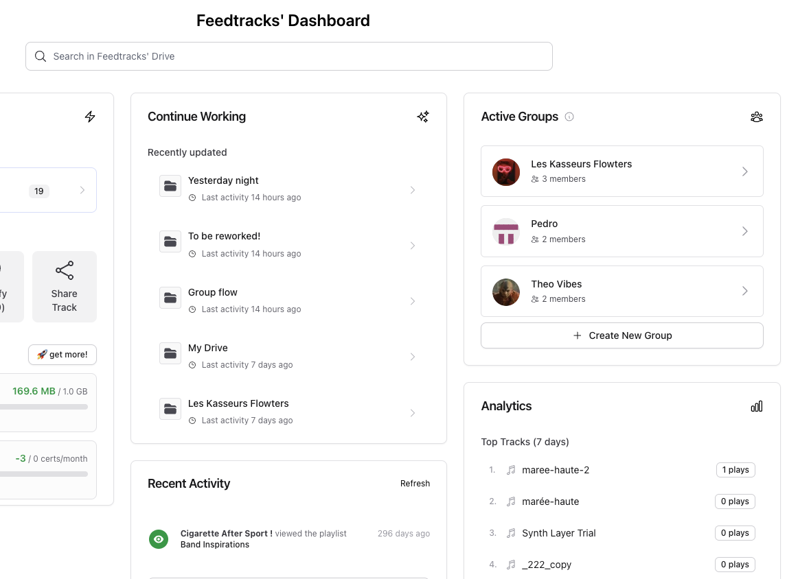Quick access panel with recent projects and search