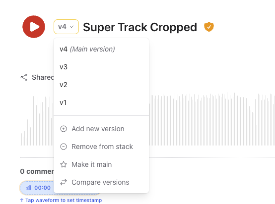 Multiple mix versions stacked under one track with version dropdown