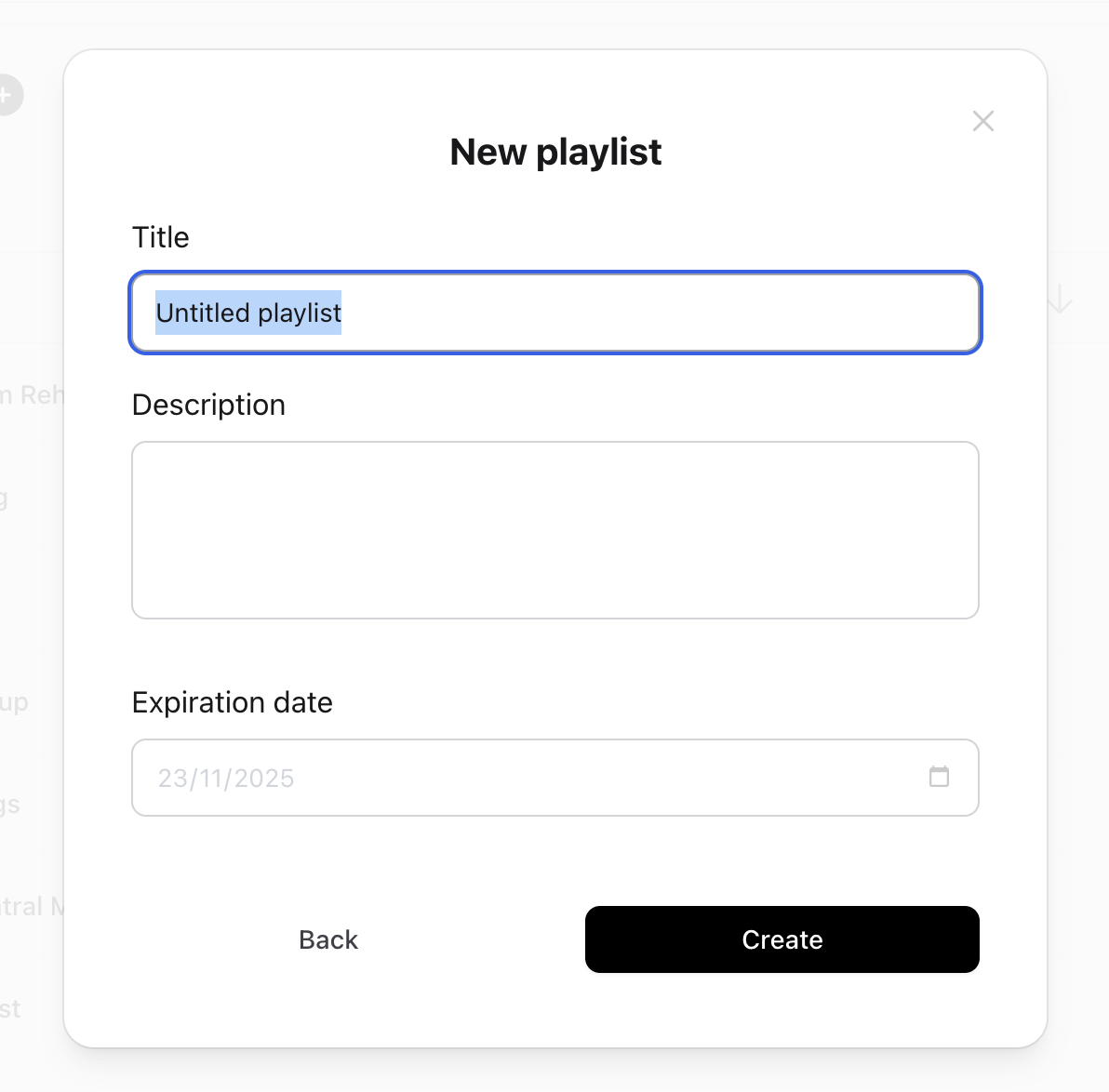Create new playlist dialog